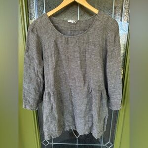 J Jill Large Olive Green Linen 3/4 Sleeve Peplum Relaxed Peasant Flowy Blouse